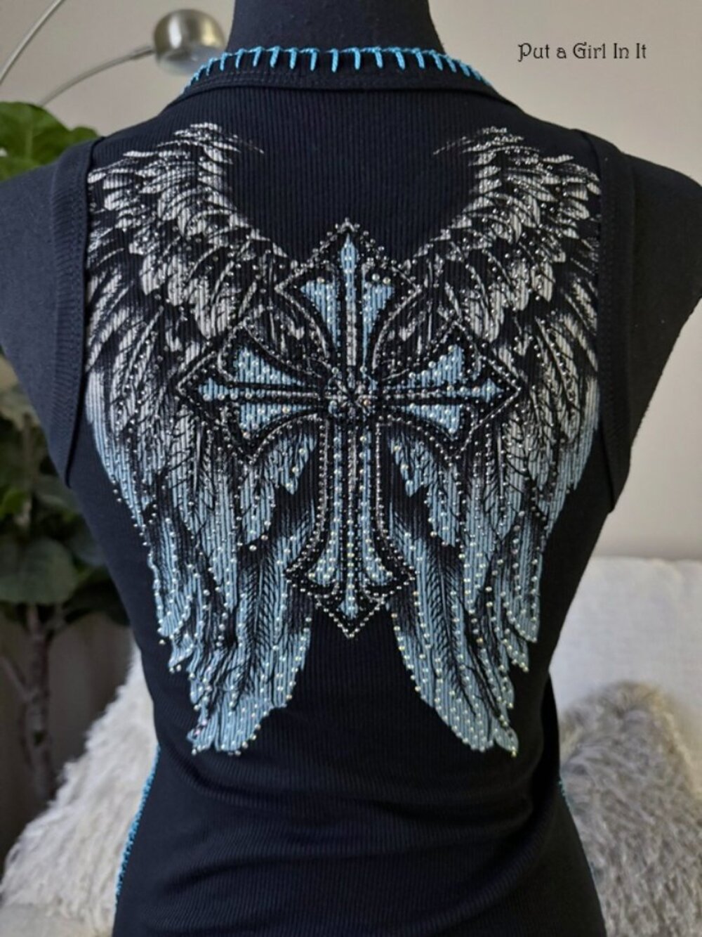 Vocal Apparel Women's Plus Size Crystal Black Blue Cross Wings Tank Top 1x 2x 3x - Picture 4 of 4